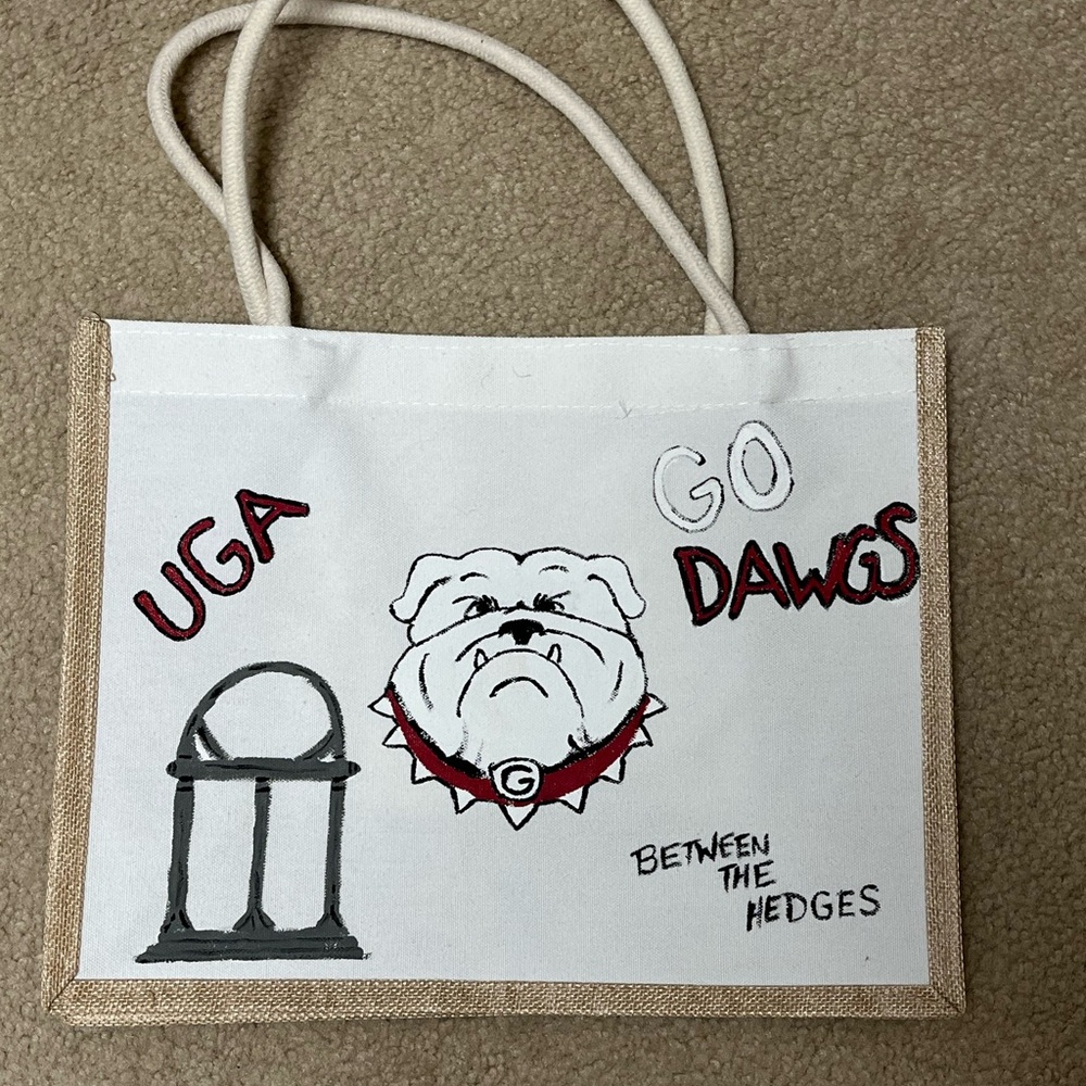 Artisan UGA Bulldogs Hand Painted Canvas Tote Bag - White and Red